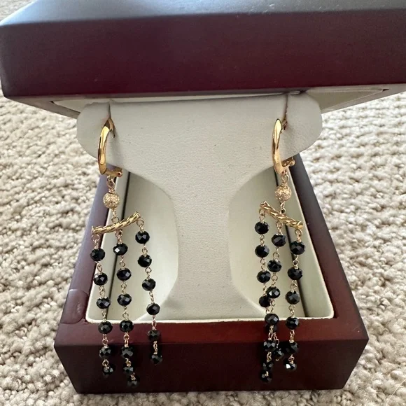 14KT Yellow Gold 3 Row Black Spinel Earrings - Picture 3 of 7